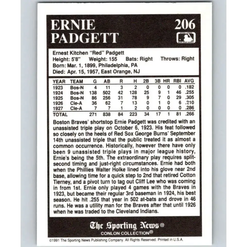 1991 Conlon Collection #206 Ernie Padgett EX Excellent Boston Braves Baseball Card - Baseball Card Single