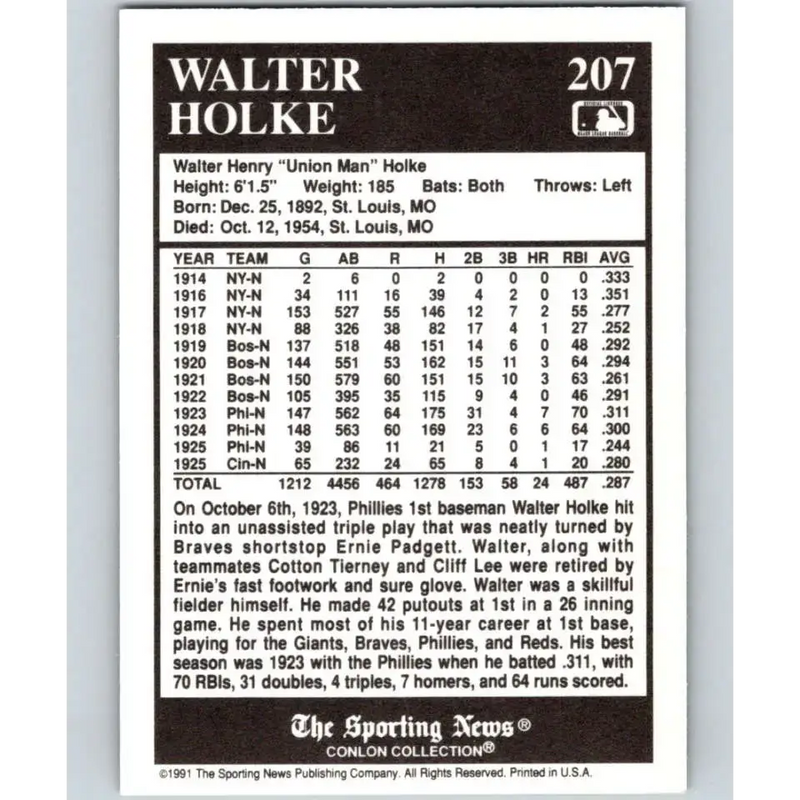 1991 Conlon Collection #207 Walter Holke EX Excellent Philadelphia Phillies Baseball Card - Baseball Card Single