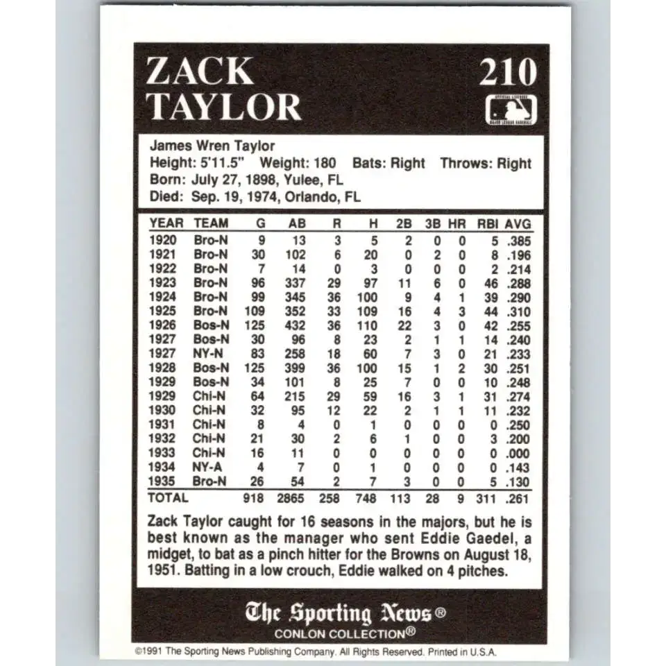1991 Conlon Collection #210 Zack Taylor EX Excellent Boston Braves Baseball Card - Baseball Card Single