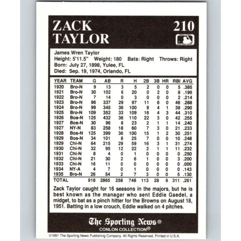 1991 Conlon Collection #210 Zack Taylor EX Excellent Boston Braves Baseball Card - Baseball Card Single