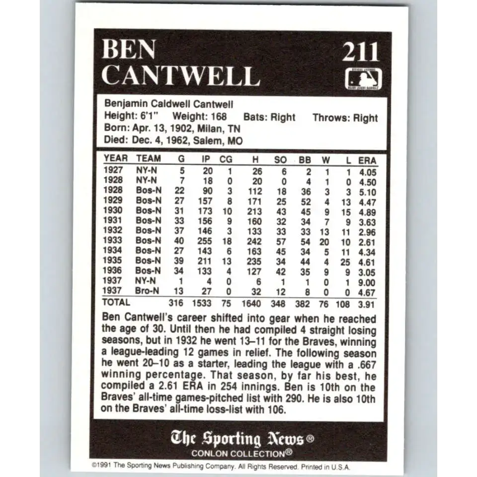 1991 Conlon Collection #211 Ben Cantwell EX Excellent Boston Braves Baseball Card - Baseball Card Single