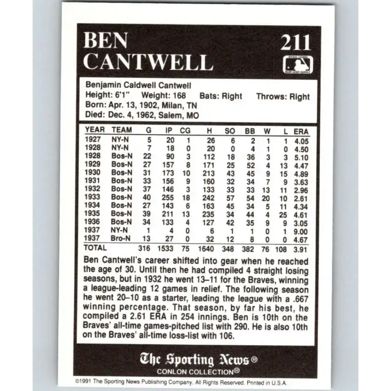 1991 Conlon Collection #211 Ben Cantwell EX Excellent Boston Braves Baseball Card - Baseball Card Single