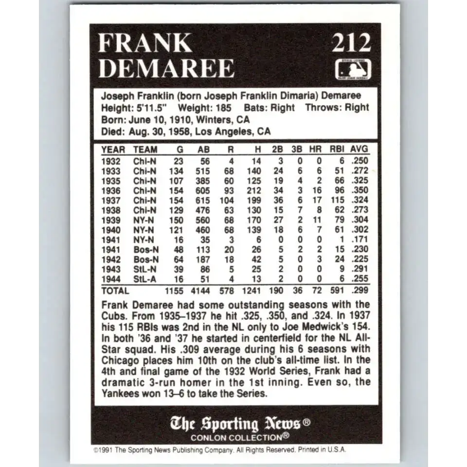 1991 Conlon Collection #212 Frank Demaree EX Excellent New York Giants Baseball Card - Baseball Card Single