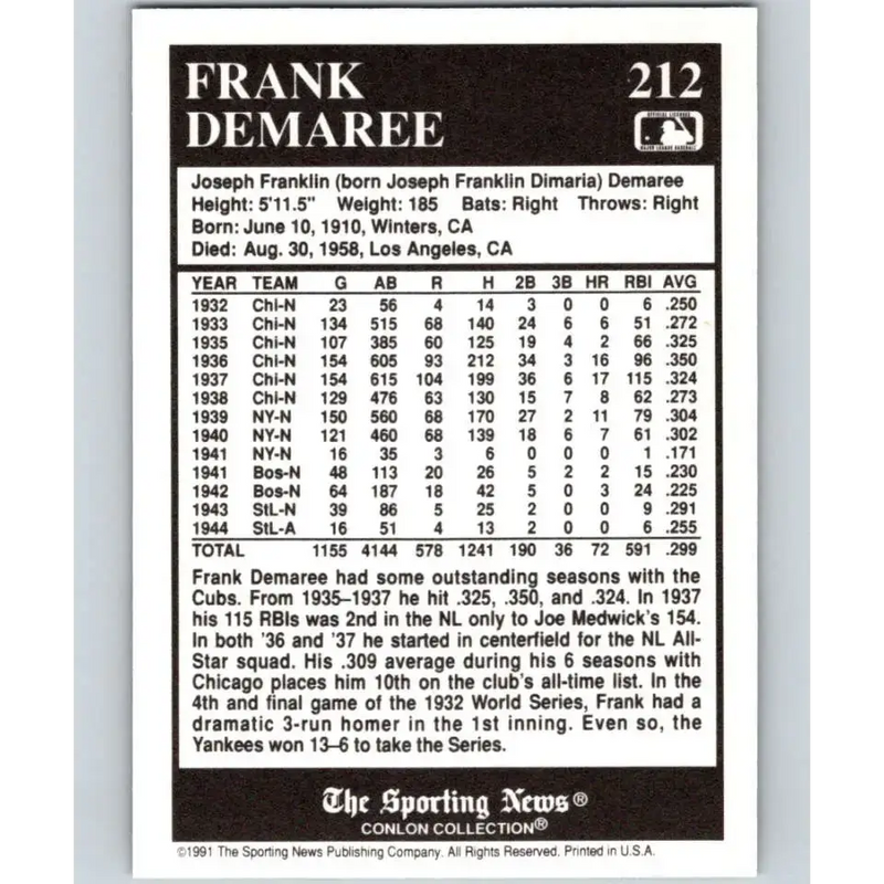 1991 Conlon Collection #212 Frank Demaree EX Excellent New York Giants Baseball Card - Baseball Card Single