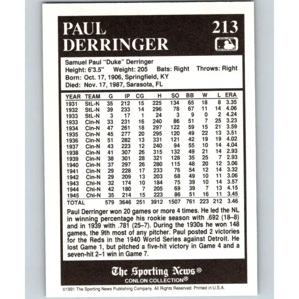 1991 Conlon Collection #213 Paul Derringer EX Excellent Cincinnati Reds Baseball Card - Baseball Card Single