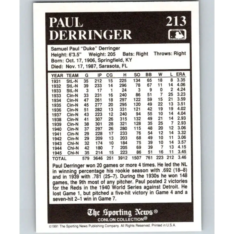 1991 Conlon Collection #213 Paul Derringer EX Excellent Cincinnati Reds Baseball Card - Baseball Card Single