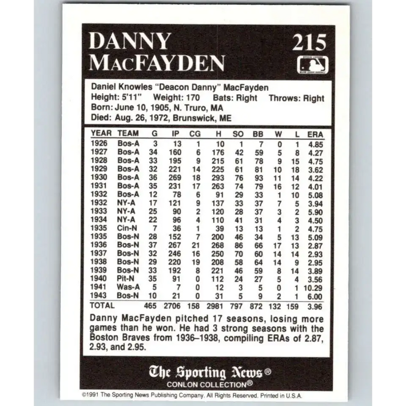 1991 Conlon Collection #215 Danny MacFayden EX Excellent Boston Braves Baseball Card - Baseball Card Single