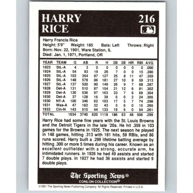 1991 Conlon Collection #216 Harry Rice EX Excellent Detroit Tigers Baseball Card - Baseball Card Single