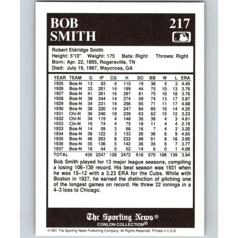 1991 Conlon Collection #217 Bob Smith EX Excellent Boston Braves Baseball Card - Baseball Card Single