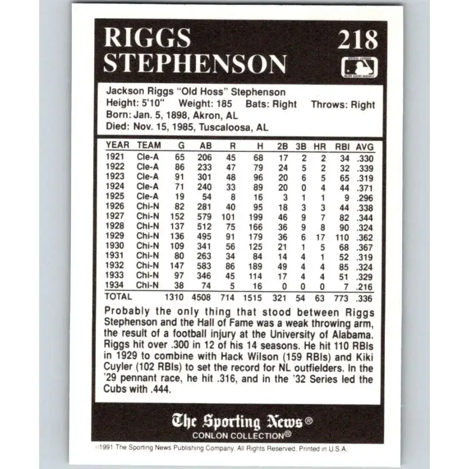1991 Conlon Collection #218 Riggs Stephenson EX Excellent Chicago Cubs Baseball Card - Baseball Card Single
