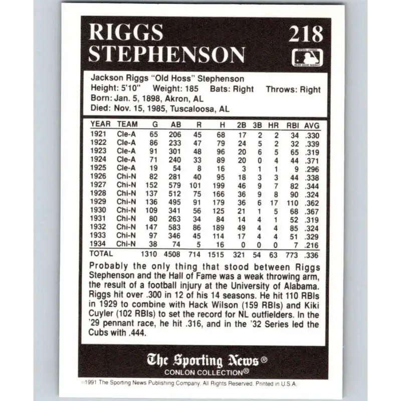 1991 Conlon Collection #218 Riggs Stephenson EX Excellent Chicago Cubs Baseball Card - Baseball Card Single