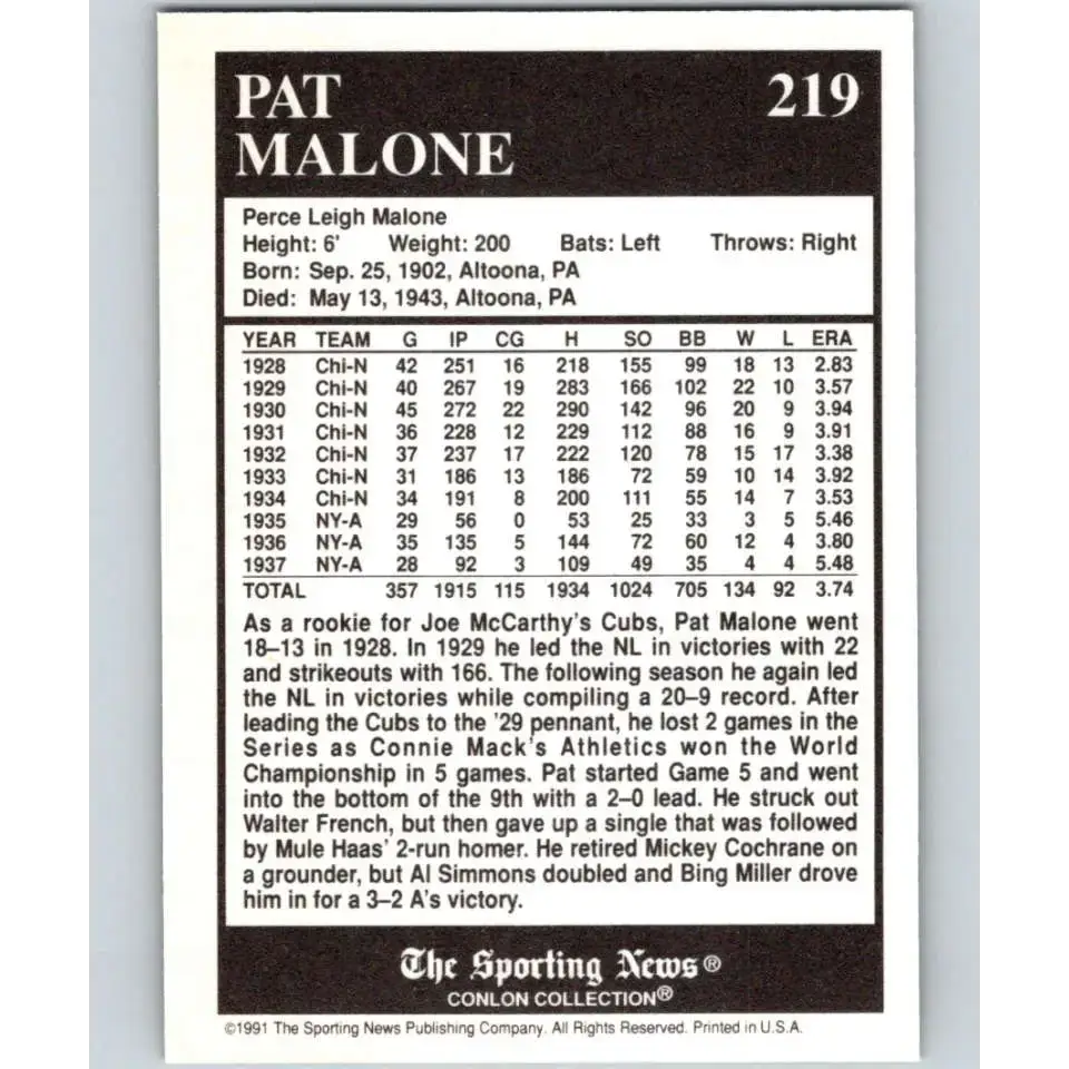 1991 Conlon Collection #219 Pat Malone EX Excellent Chicago Cubs Baseball Card - Baseball Card Single