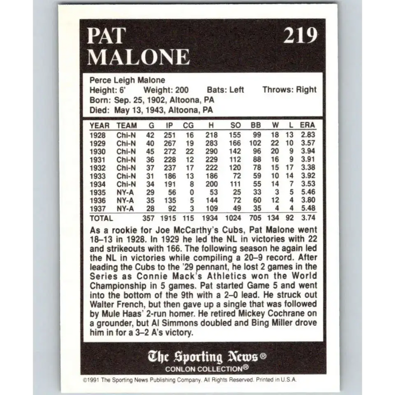 1991 Conlon Collection #219 Pat Malone EX Excellent Chicago Cubs Baseball Card - Baseball Card Single