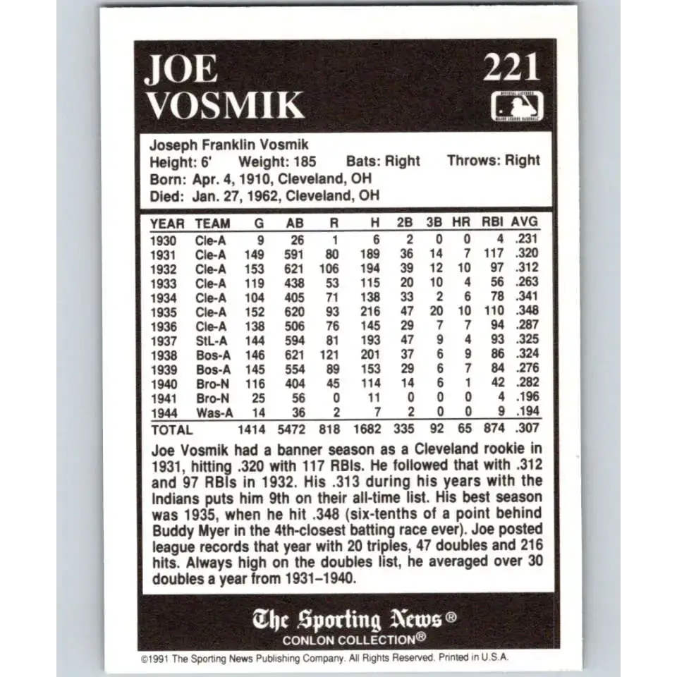 1991 Conlon Collection #221 Joe Vosmik EX Excellent Cleveland Indians Baseball Card - Baseball Card Single
