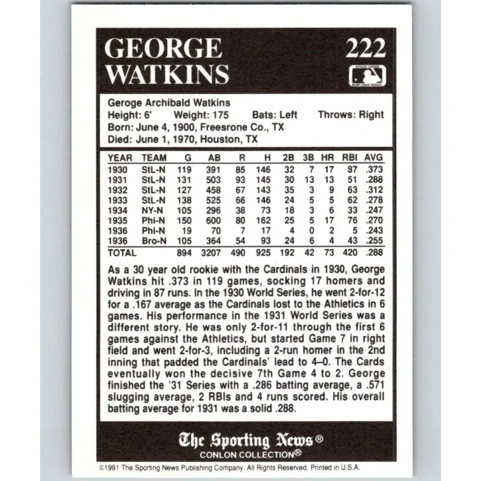1991 Conlon Collection #222 George Watkins EX Excellent New York Giants Baseball Card - Baseball Card Single