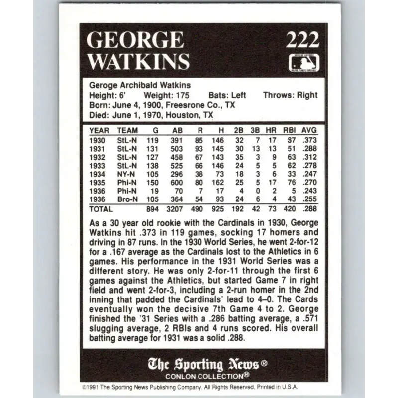 1991 Conlon Collection #222 George Watkins EX Excellent New York Giants Baseball Card - Baseball Card Single