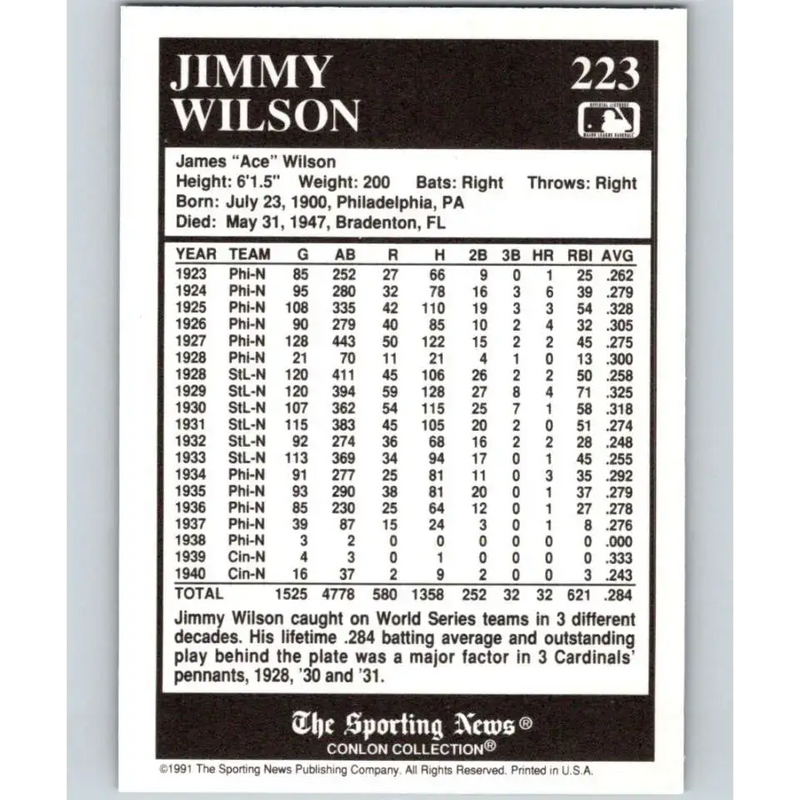 1991 Conlon Collection #223 Jimmie Wilson EX Excellent Philadelphia Phillies Baseball Card - Baseball Card Single