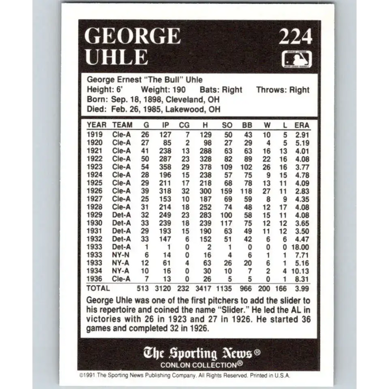 1991 Conlon Collection #224 George Uhle EX Excellent Cleveland Indians Baseball Card - Baseball Card Single