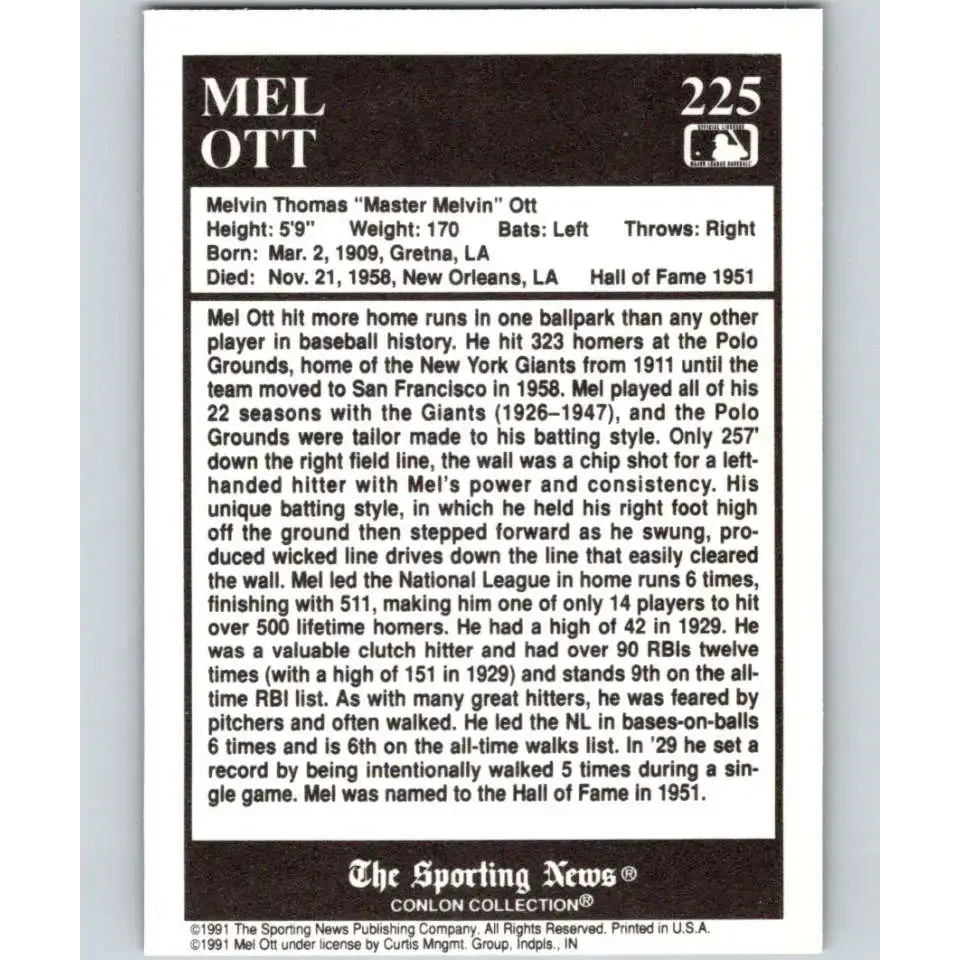 1991 Conlon Collection #225 Mel Ott EX Excellent New York Giants Baseball Card - Baseball Card Single