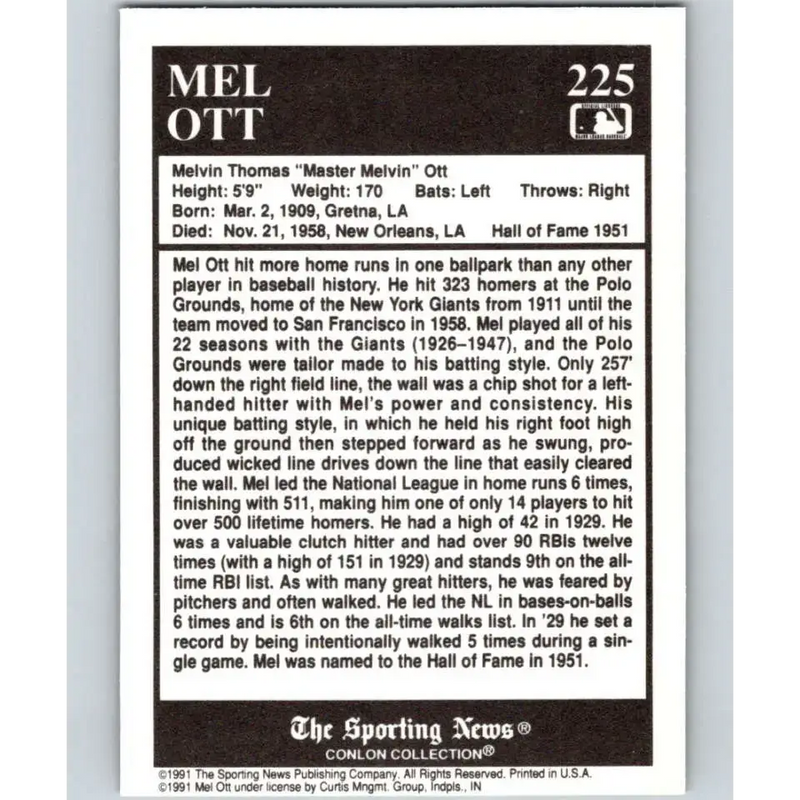 1991 Conlon Collection #225 Mel Ott EX Excellent New York Giants Baseball Card - Baseball Card Single