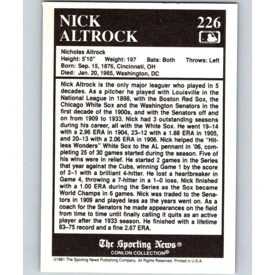 1991 Conlon Collection #226 Nick Altrock EX Excellent Chicago White Sox Baseball Card - Baseball Card Single