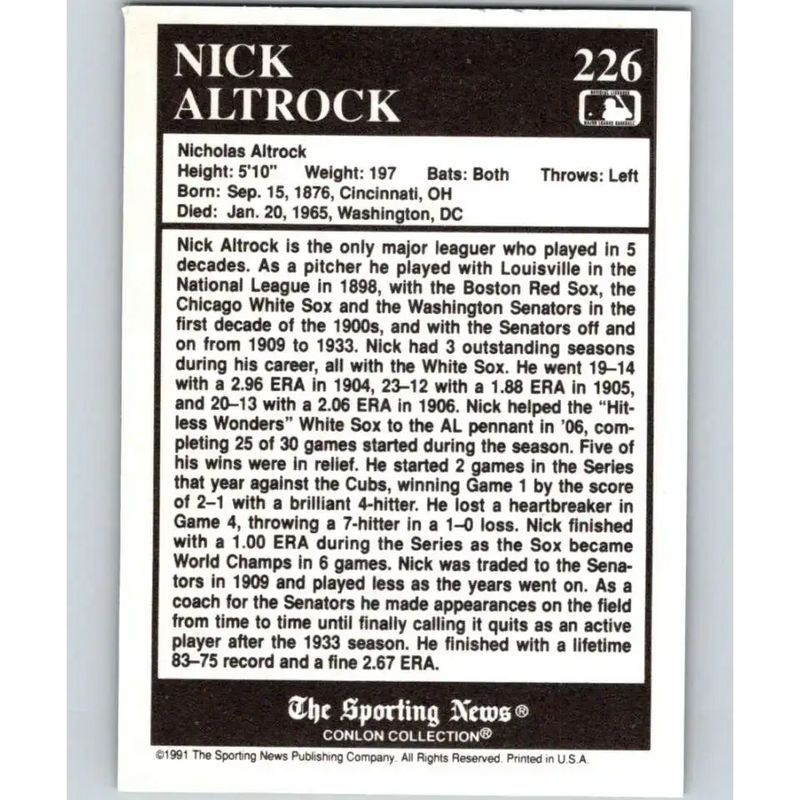 1991 Conlon Collection #226 Nick Altrock EX Excellent Chicago White Sox Baseball Card - Baseball Card Single