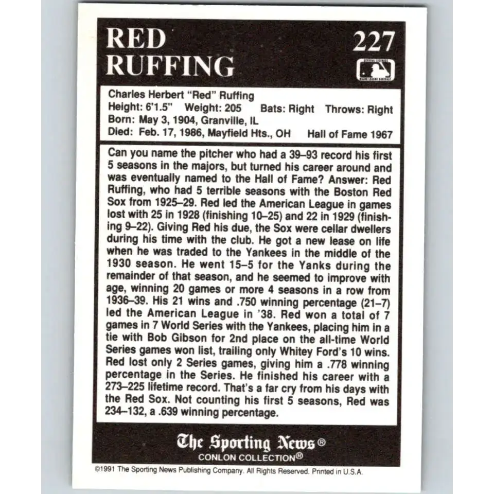 1991 Conlon Collection #227 Red Ruffing EX Excellent New York Yankees Baseball Card - Baseball Card Single