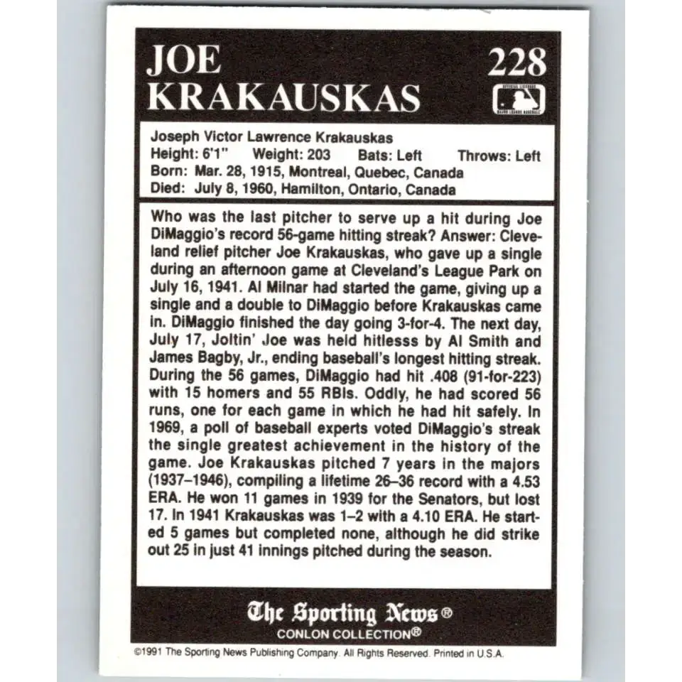1991 Conlon Collection #228 Joe Krakauskas EX Excellent Cleveland Indians Baseball Card - Baseball Card Single