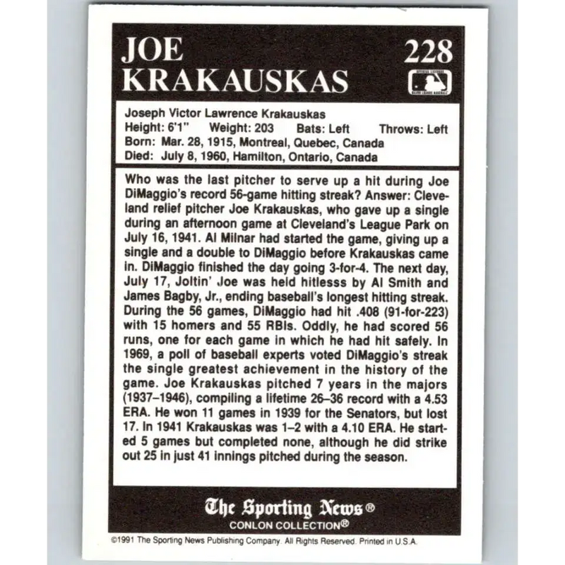 1991 Conlon Collection #228 Joe Krakauskas EX Excellent Cleveland Indians Baseball Card - Baseball Card Single