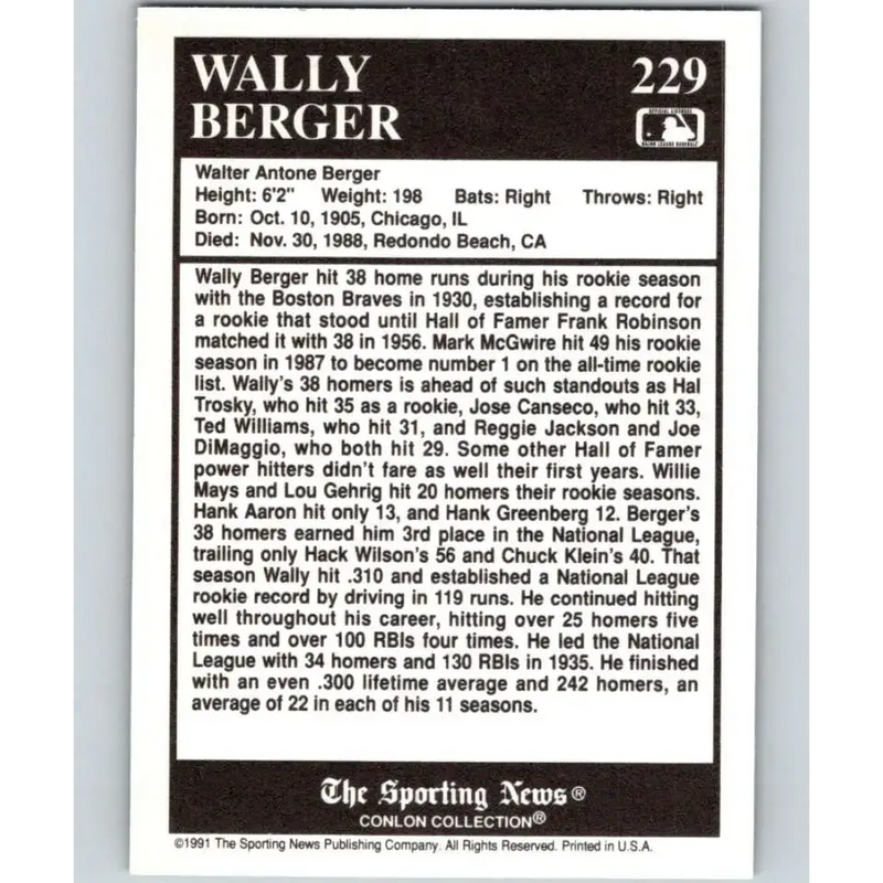 1991 Conlon Collection #229 Wally Berger EX Excellent Boston Braves Baseball Card - Baseball Card Single