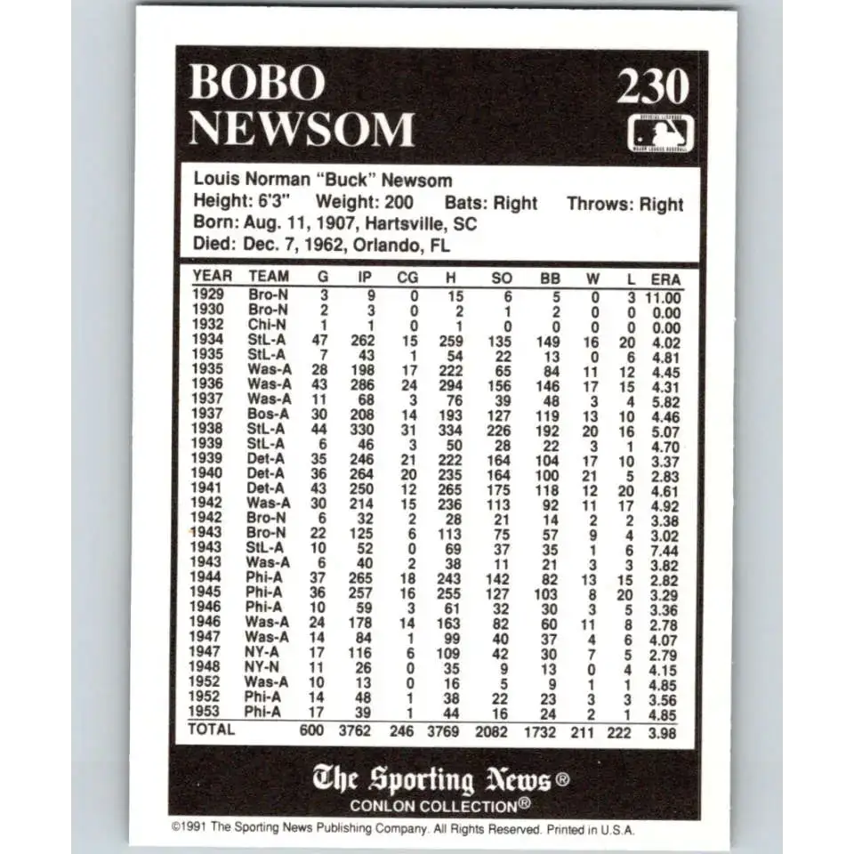 1991 Conlon Collection #230 Bobo Newsom EX Excellent St. Louis Browns Baseball Card - Baseball Card Single