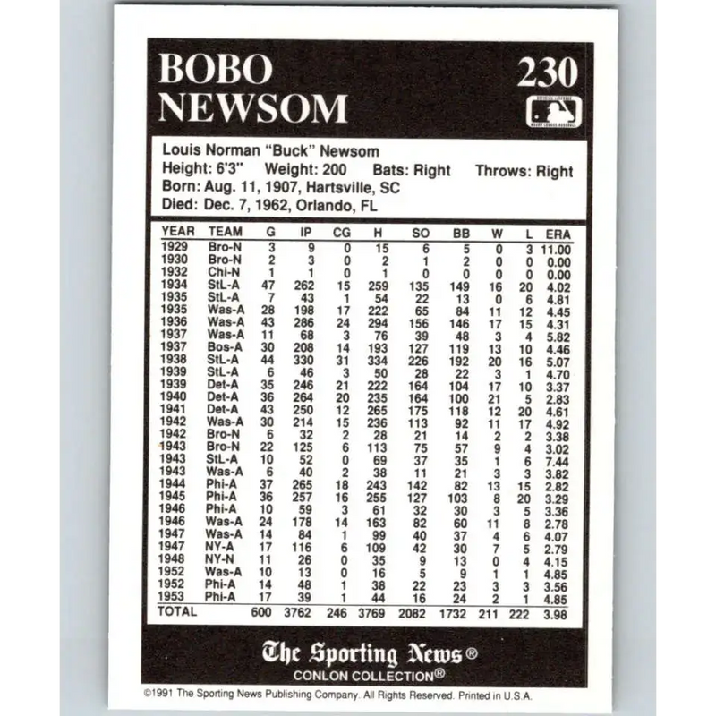 1991 Conlon Collection #230 Bobo Newsom EX Excellent St. Louis Browns Baseball Card - Baseball Card Single