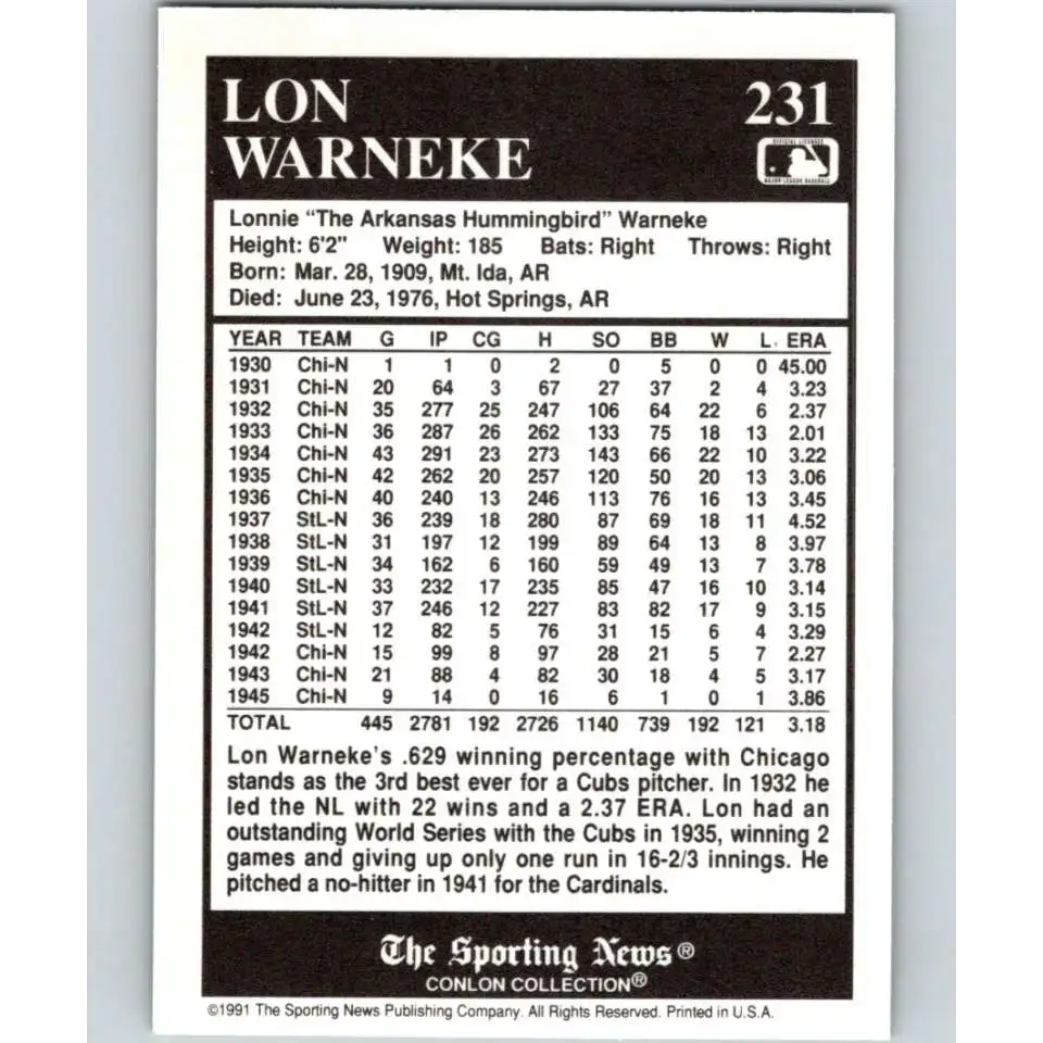 1991 Conlon Collection #231 Lon Warneke EX Excellent St. Louis Cardinals Baseball Card - Baseball Card Single