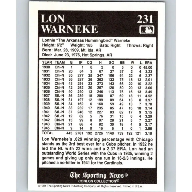 1991 Conlon Collection #231 Lon Warneke EX Excellent St. Louis Cardinals Baseball Card - Baseball Card Single
