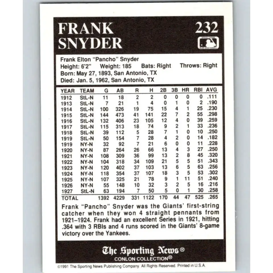 1991 Conlon Collection #232 Frank Snyder EX Excellent New York Giants Baseball Card - Baseball Card Single