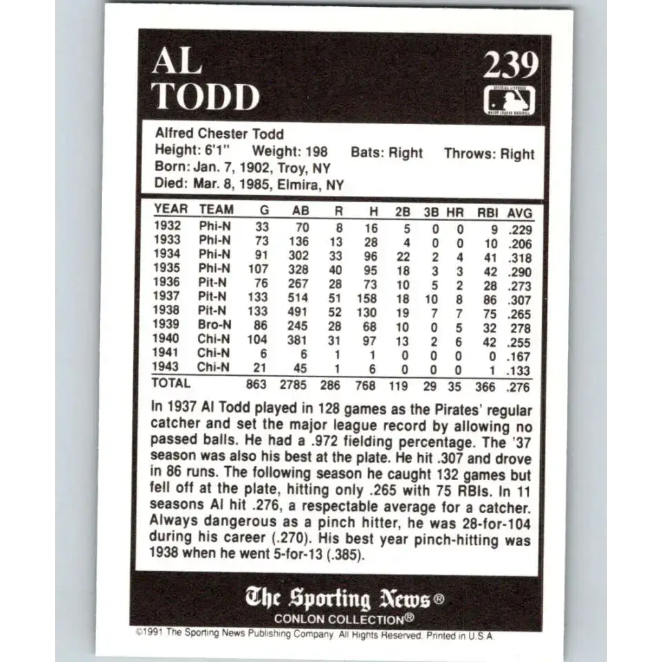 1991 Conlon Collection #239 Al Todd EX Excellent Philadelphia Phillies Baseball Card - Baseball Card Single