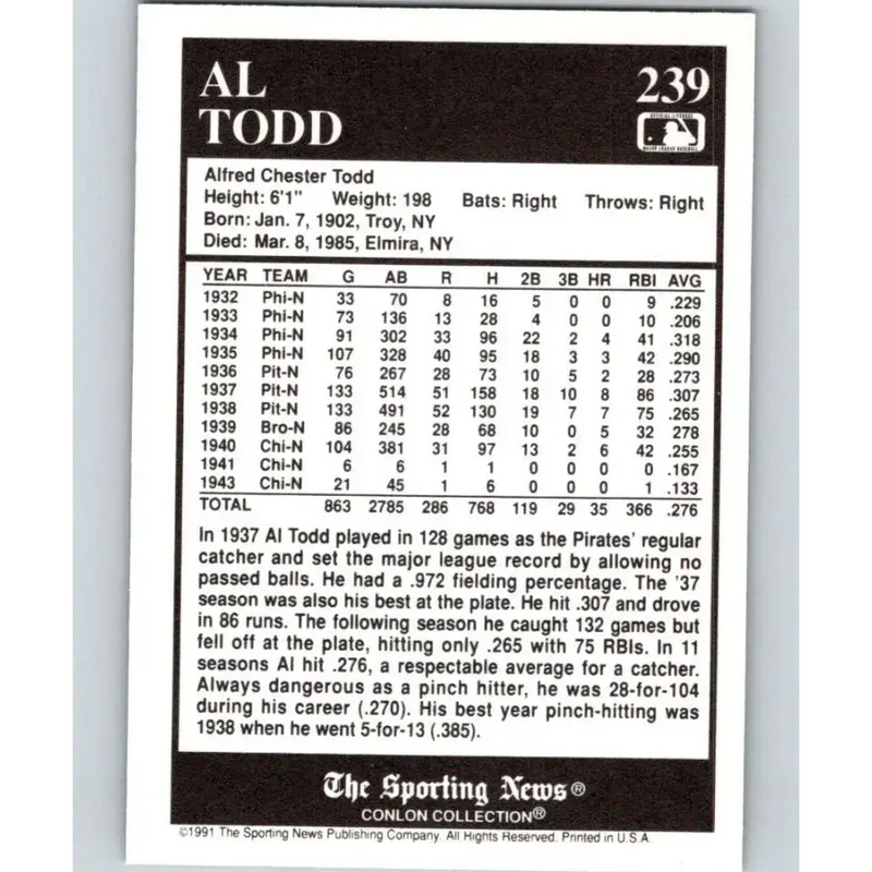 1991 Conlon Collection #239 Al Todd EX Excellent Philadelphia Phillies Baseball Card - Baseball Card Single