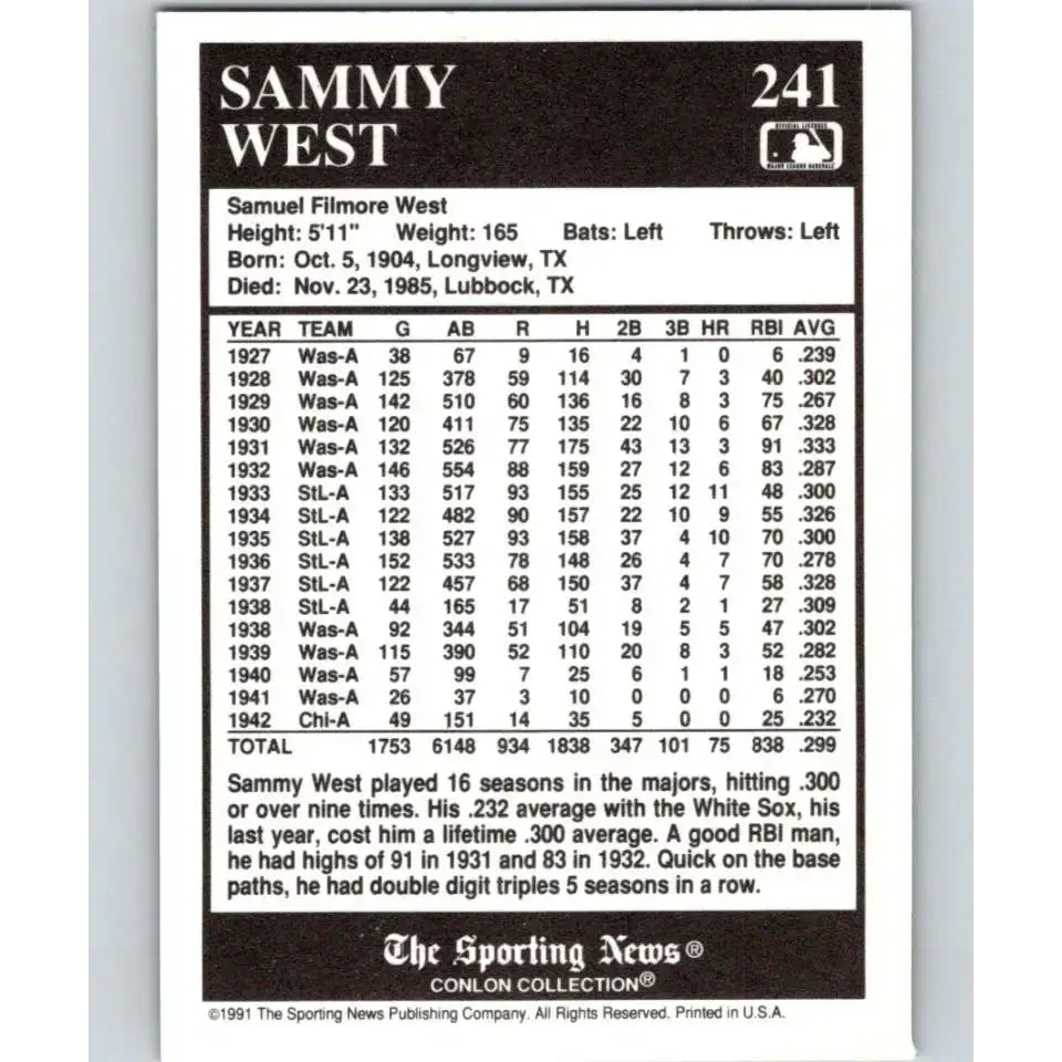 1991 Conlon Collection #241 Sammy West EX Excellent Washington Senators Baseball Card - Baseball Card Single