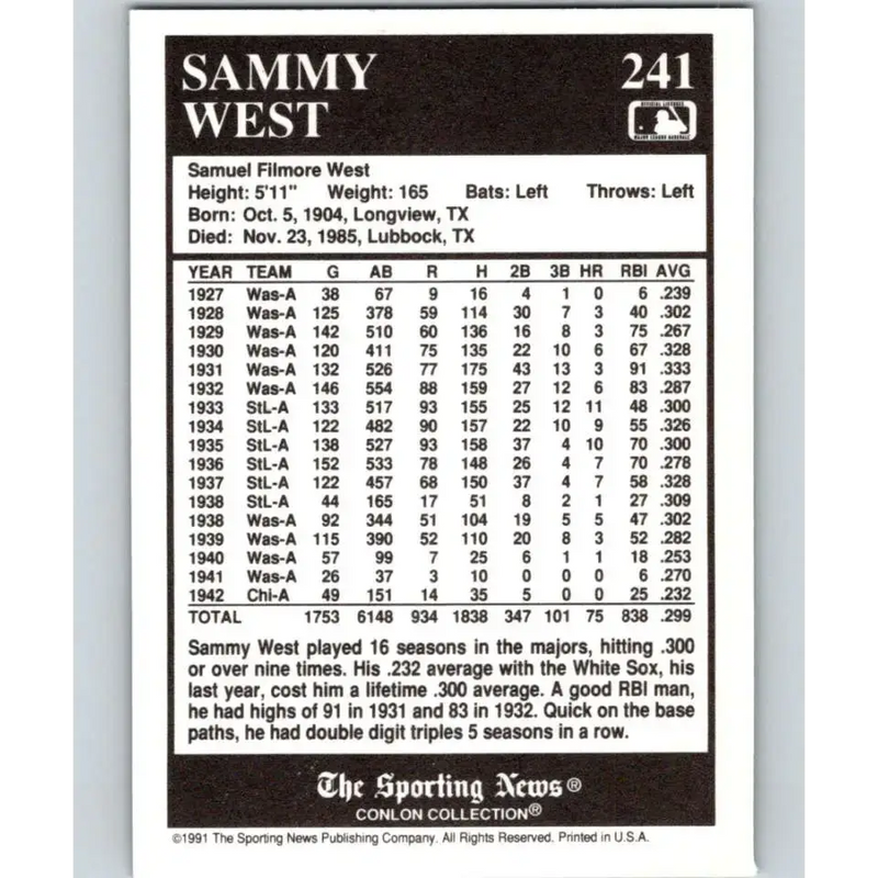 1991 Conlon Collection #241 Sammy West EX Excellent Washington Senators Baseball Card - Baseball Card Single