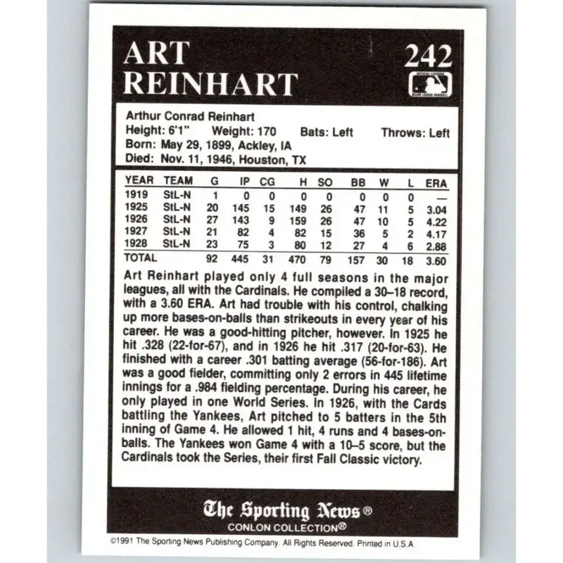 1991 Conlon Collection #242 Art Reinhart EX Excellent St. Louis Cardinals Baseball Card - Baseball Card Single