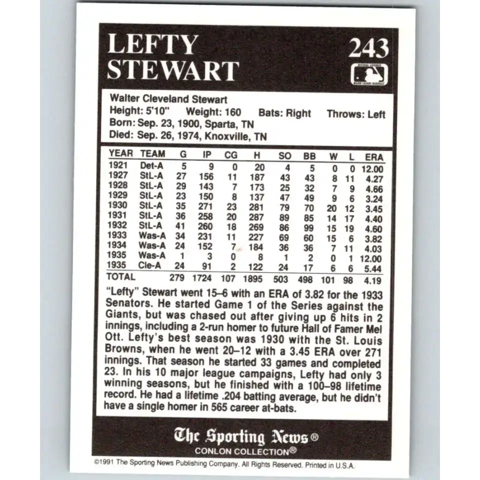 1991 Conlon Collection #243 Lefty Stewart EX Excellent Cleveland Indians Baseball Card - Baseball Card Single