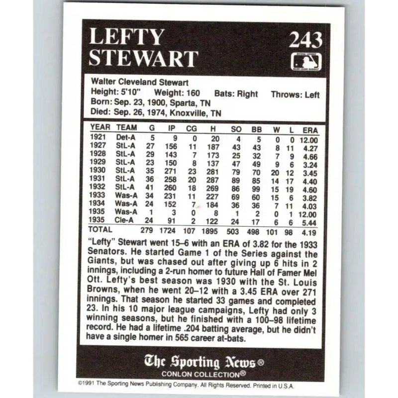 1991 Conlon Collection #243 Lefty Stewart EX Excellent Cleveland Indians Baseball Card - Baseball Card Single