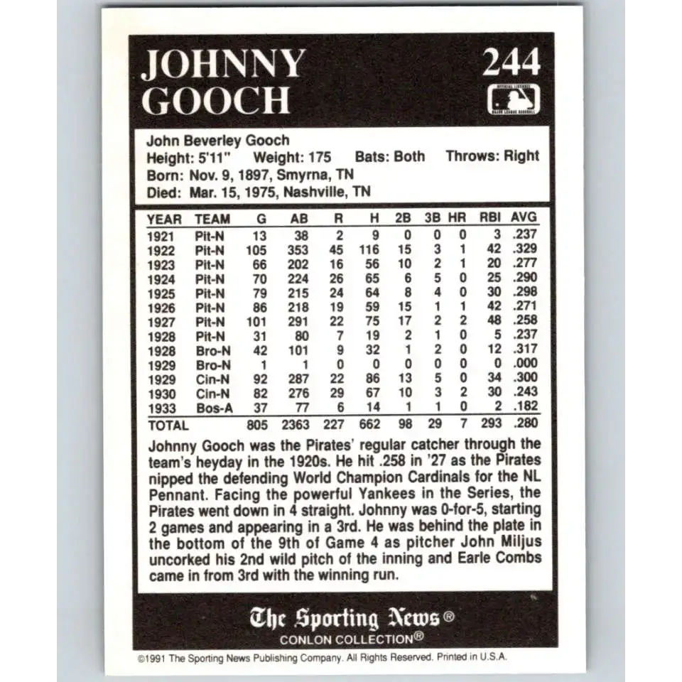 1991 Conlon Collection #244 Johnny Gooch EX Excellent Pittsburgh Pirates Baseball Card - Baseball Card Single