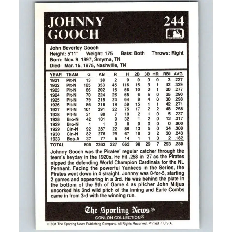 1991 Conlon Collection #244 Johnny Gooch EX Excellent Pittsburgh Pirates Baseball Card - Baseball Card Single