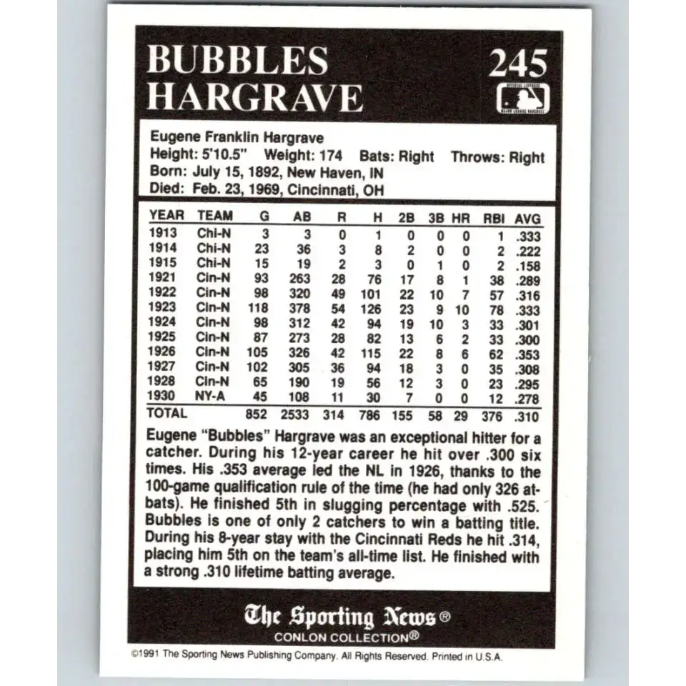 1991 Conlon Collection #245 Bubbles Hargrave EX Excellent Cincinnati Reds Baseball Card - Baseball Card Single