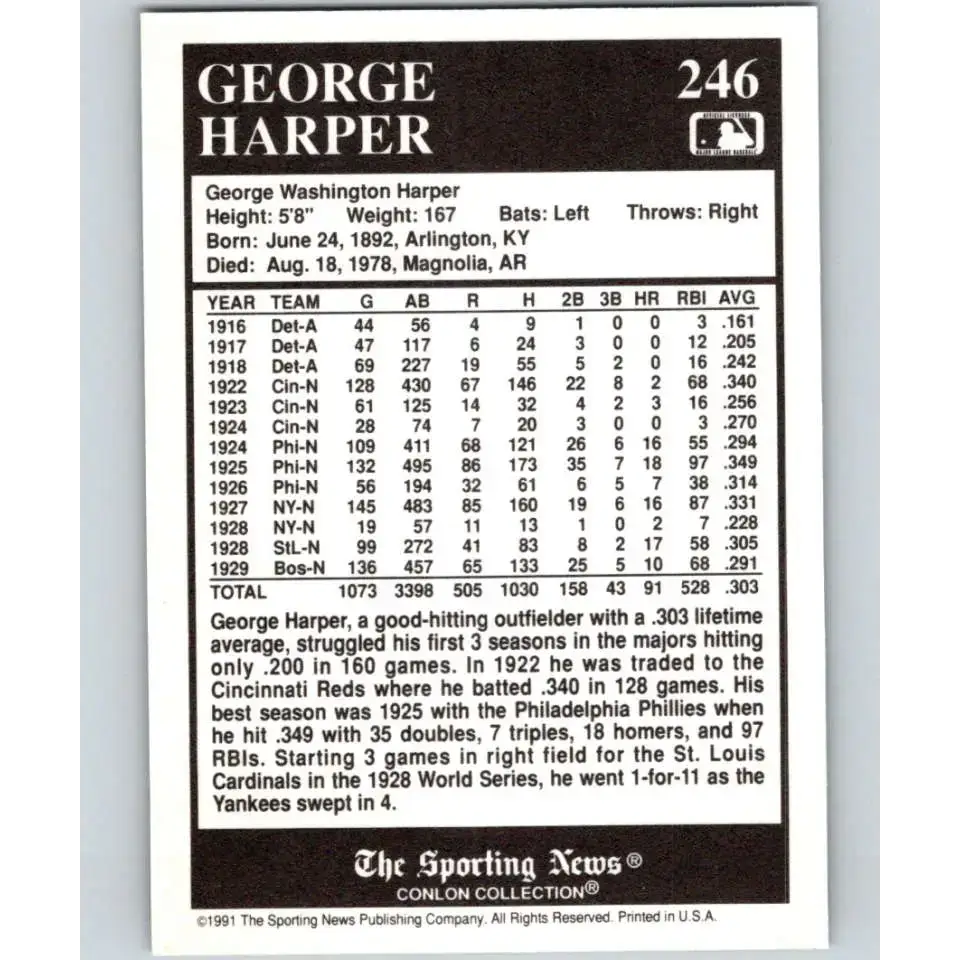 1991 Conlon Collection #246 George Harper EX Excellent St. Louis Cardinals Baseball Card - Baseball Card Single