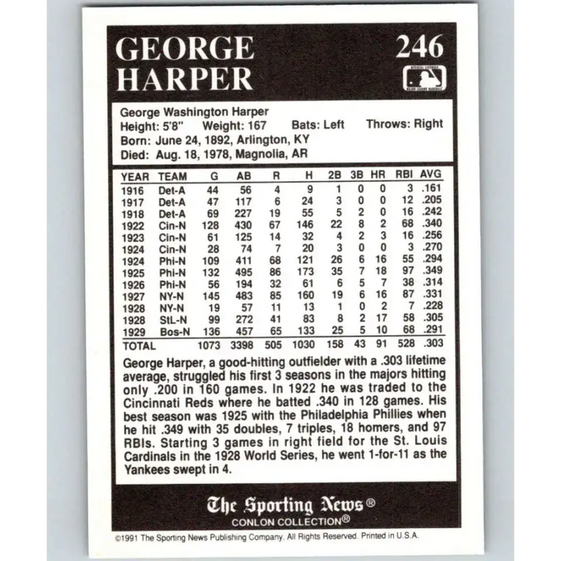 1991 Conlon Collection #246 George Harper EX Excellent St. Louis Cardinals Baseball Card - Baseball Card Single