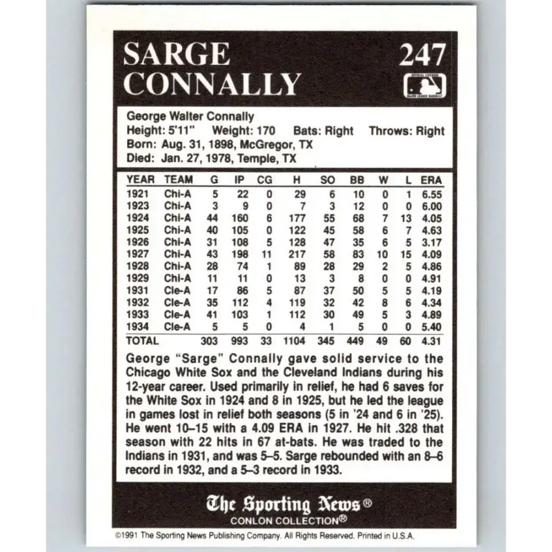 1991 Conlon Collection #247 Sarge Connally EX Excellent Cleveland Indians Baseball Card - Baseball Card Single
