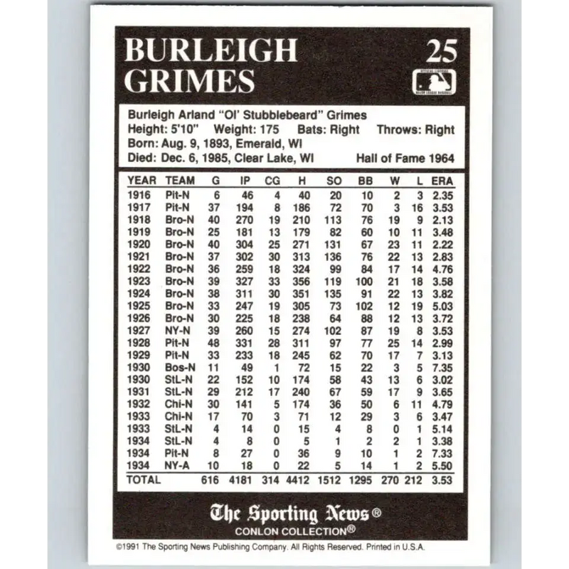 1991 Conlon Collection #25 Burleigh Grimes EX Excellent Pittsburgh Pirates Baseball Card - Baseball Card Single
