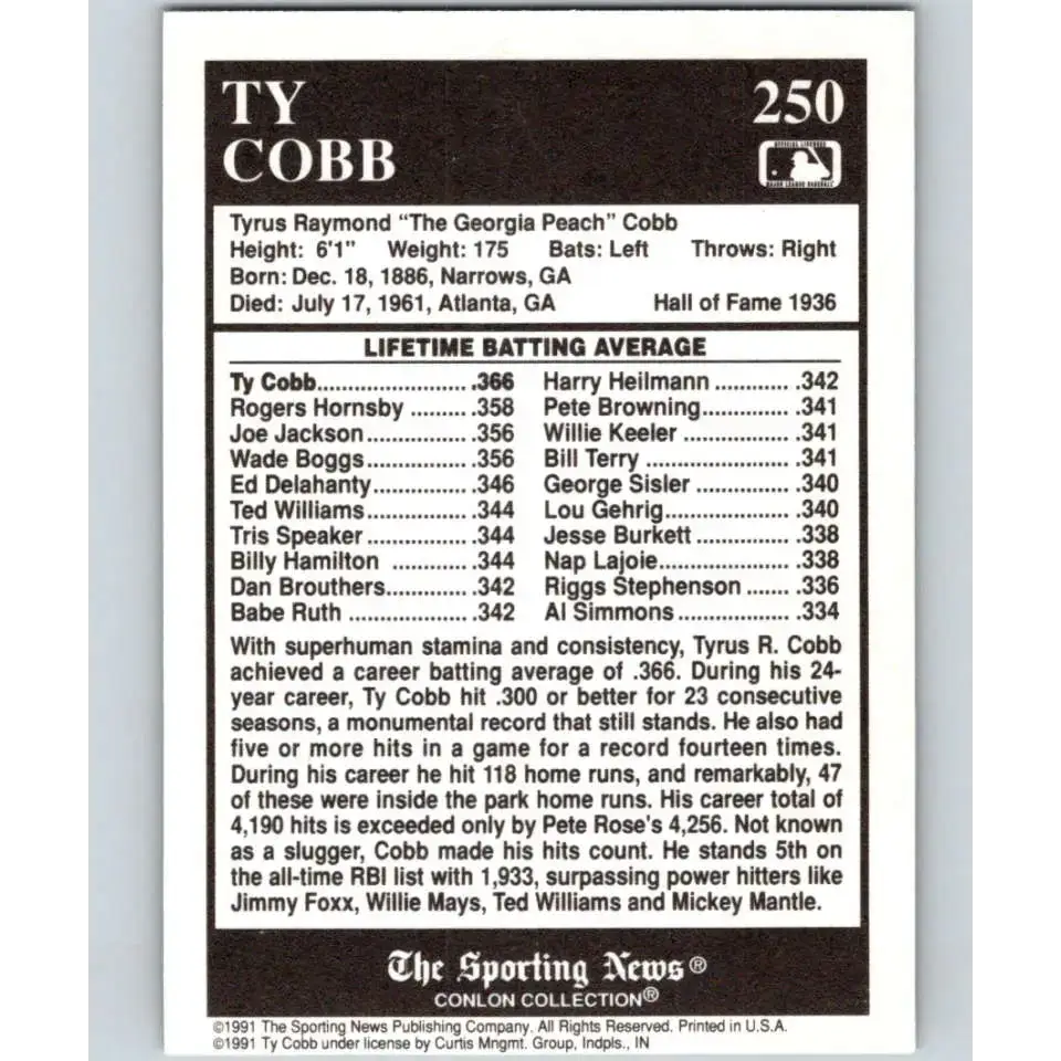1991 Conlon Collection #250 Ty Cobb EX Excellent Philadelphia Athletics Baseball Card - Baseball Card Single